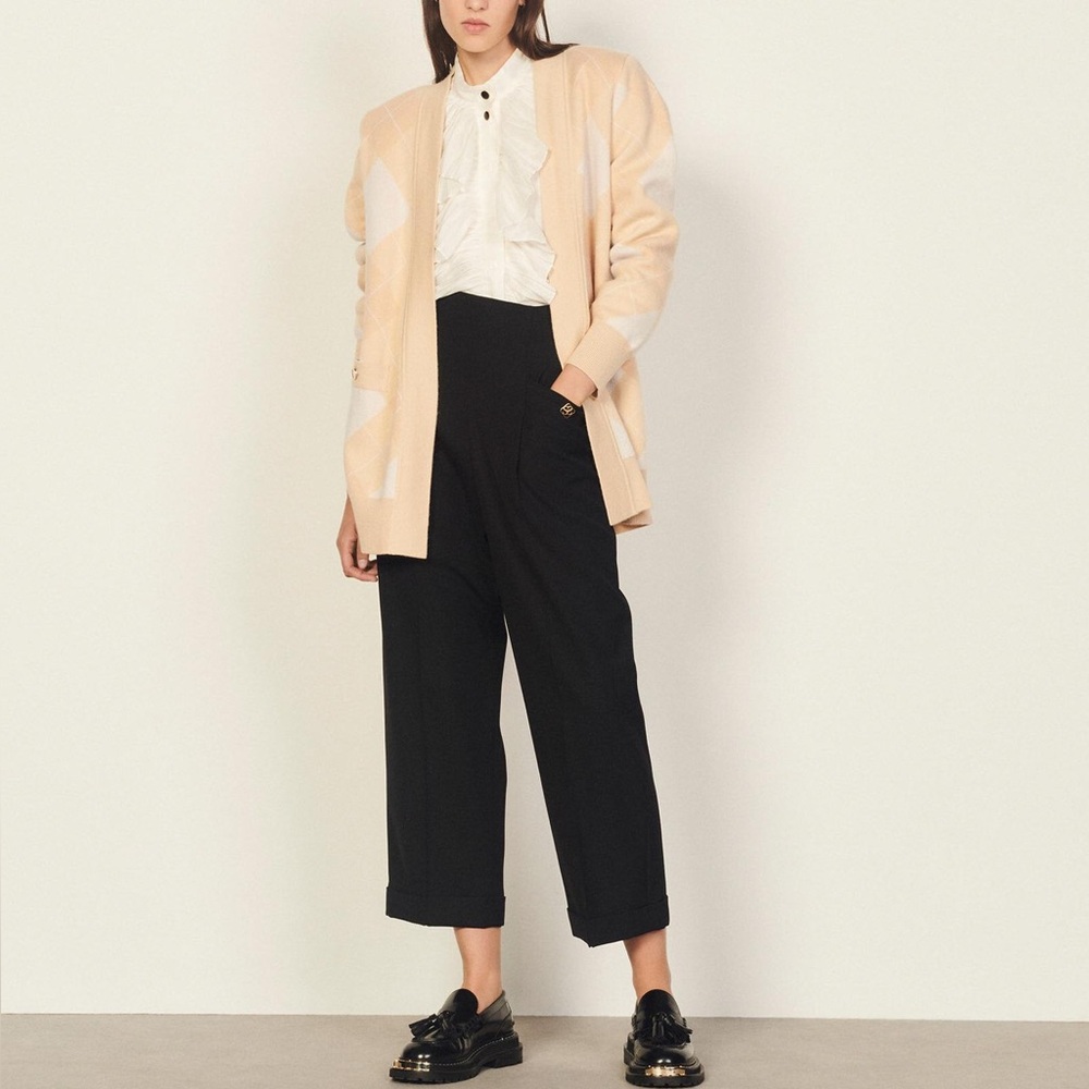 Sandro Cream and Tan Argyle Cardigan